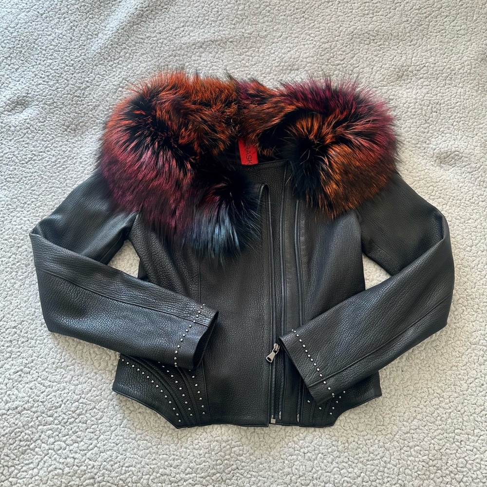 Women’s Black Leather Jacket with Multi-Color Fur Collar
